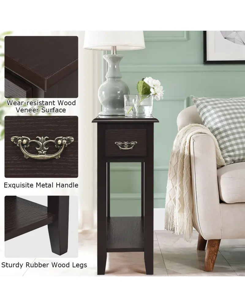 2 Tier End Bedside Sofa Side Table Narrow Nightstand-Espresso - Espresso - End & Side Tables