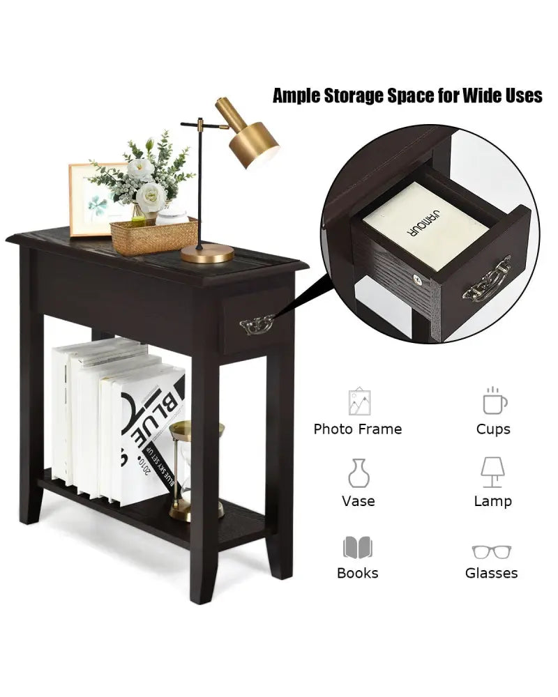 2 Tier End Bedside Sofa Side Table Narrow Nightstand-Espresso - Espresso - End & Side Tables