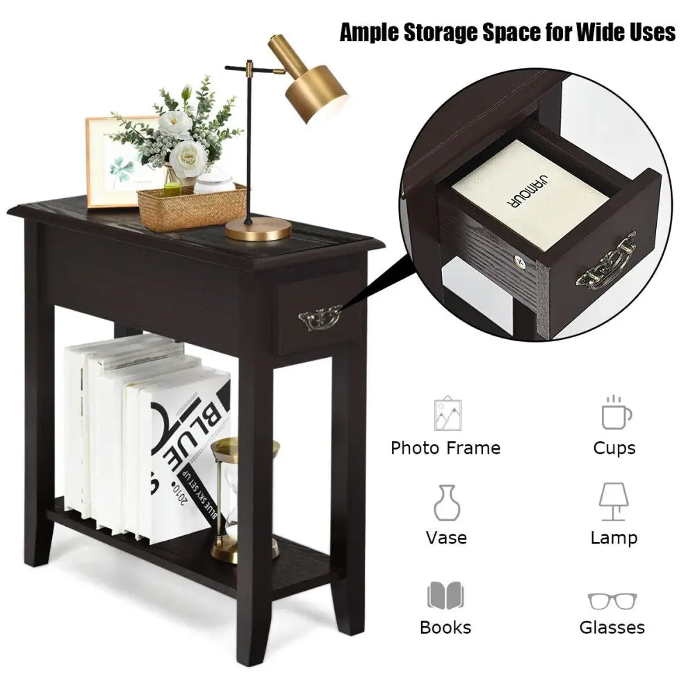 2 Tier End Bedside Sofa Side Table Narrow Nightstand-Espresso - Espresso - End & Side Tables