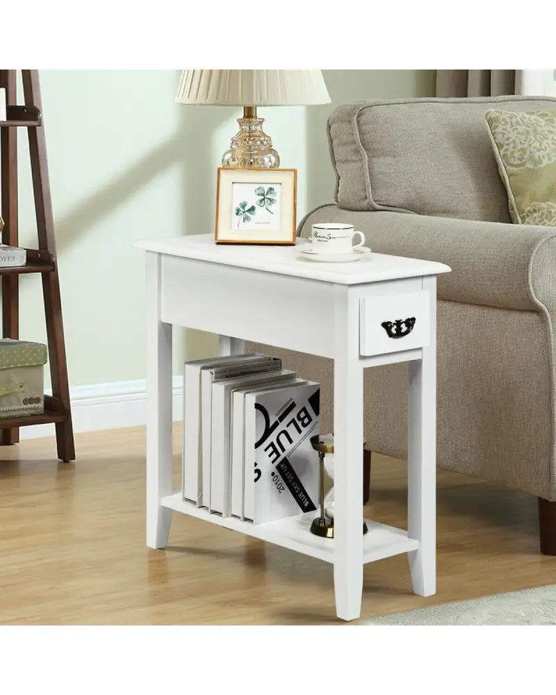 2 Tier End Bedside Sofa Side Table Narrow Nightstand-White - White - End & Side Tables