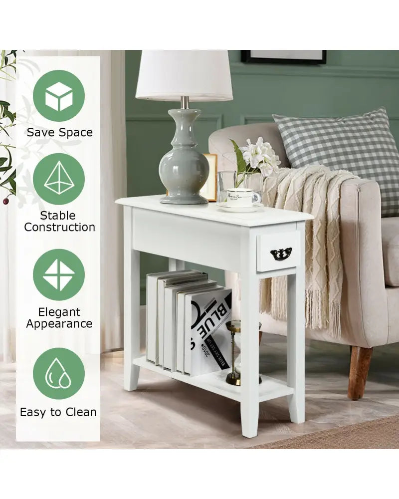 2 Tier End Bedside Sofa Side Table Narrow Nightstand-White - White - End & Side Tables
