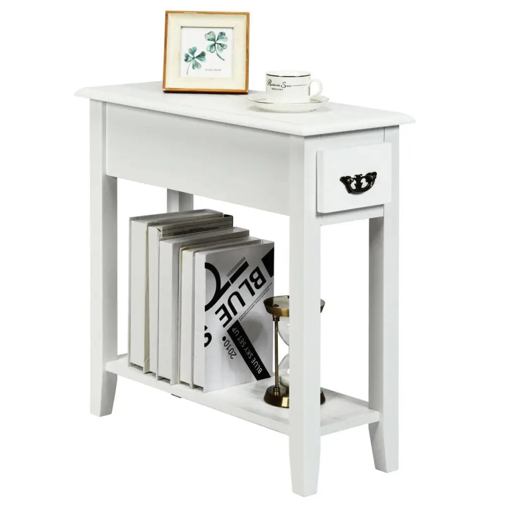 2 Tier End Bedside Sofa Side Table Narrow Nightstand-White - White - End & Side Tables