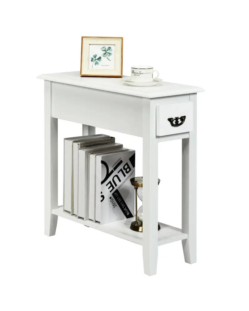 2 Tier End Bedside Sofa Side Table Narrow Nightstand-White - White - End & Side Tables