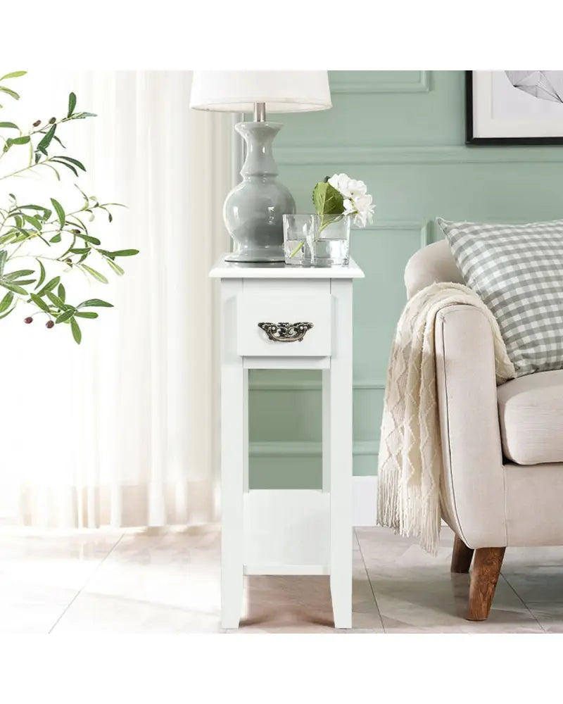 2 Tier End Bedside Sofa Side Table Narrow Nightstand-White - White - End & Side Tables