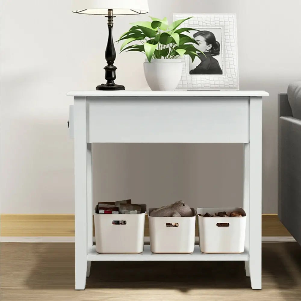 2 Tier End Bedside Sofa Side Table Narrow Nightstand-White - White - End & Side Tables