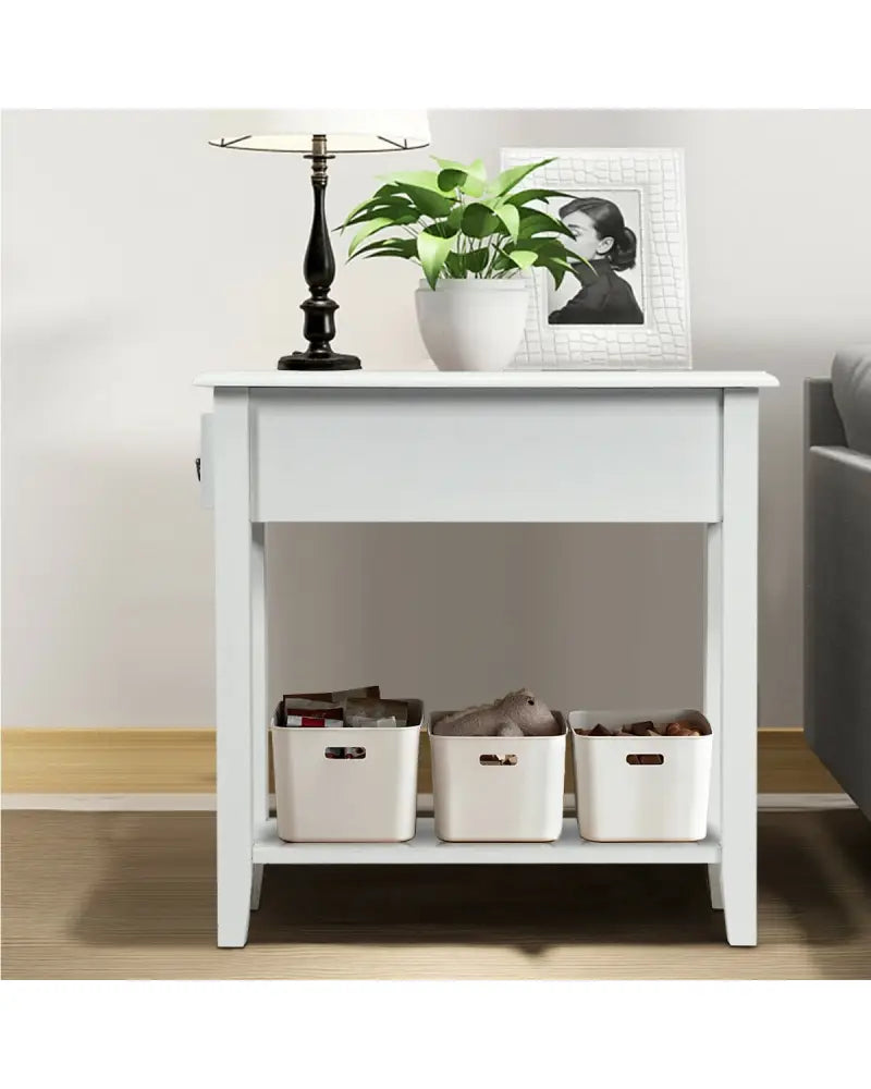 2 Tier End Bedside Sofa Side Table Narrow Nightstand-White - White - End & Side Tables