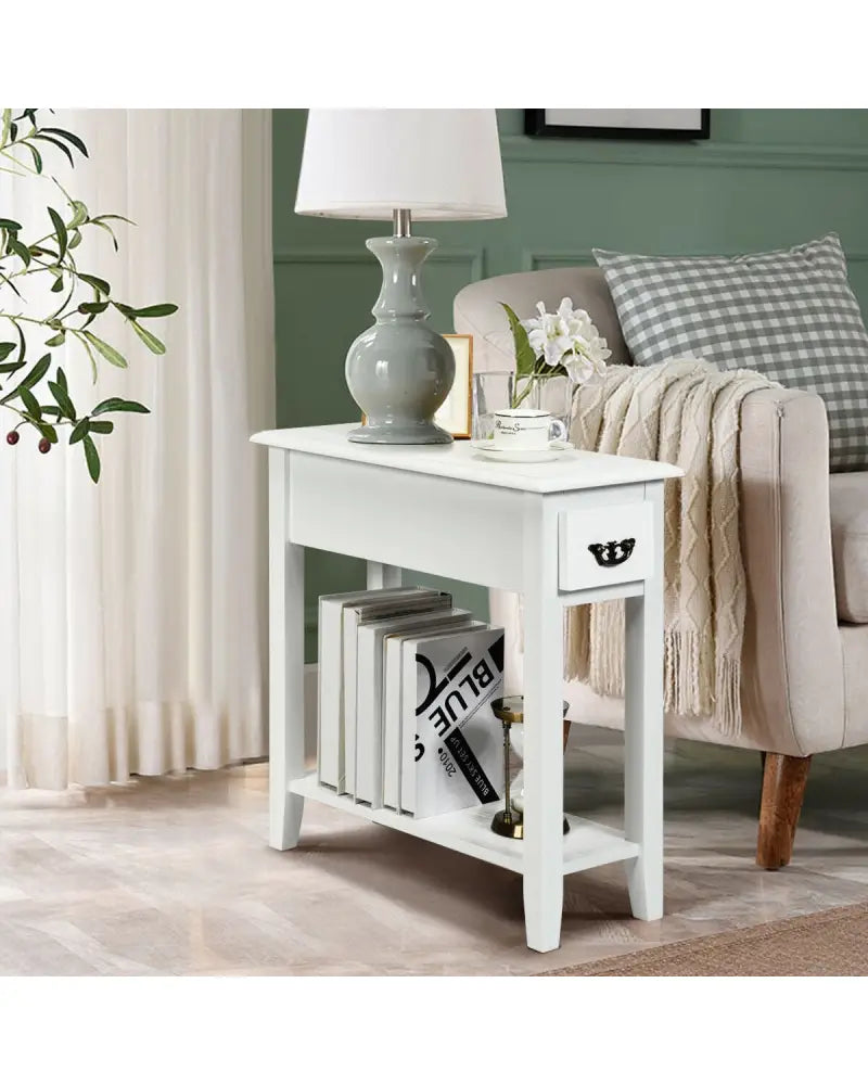 2 Tier End Bedside Sofa Side Table Narrow Nightstand-White - White - End & Side Tables