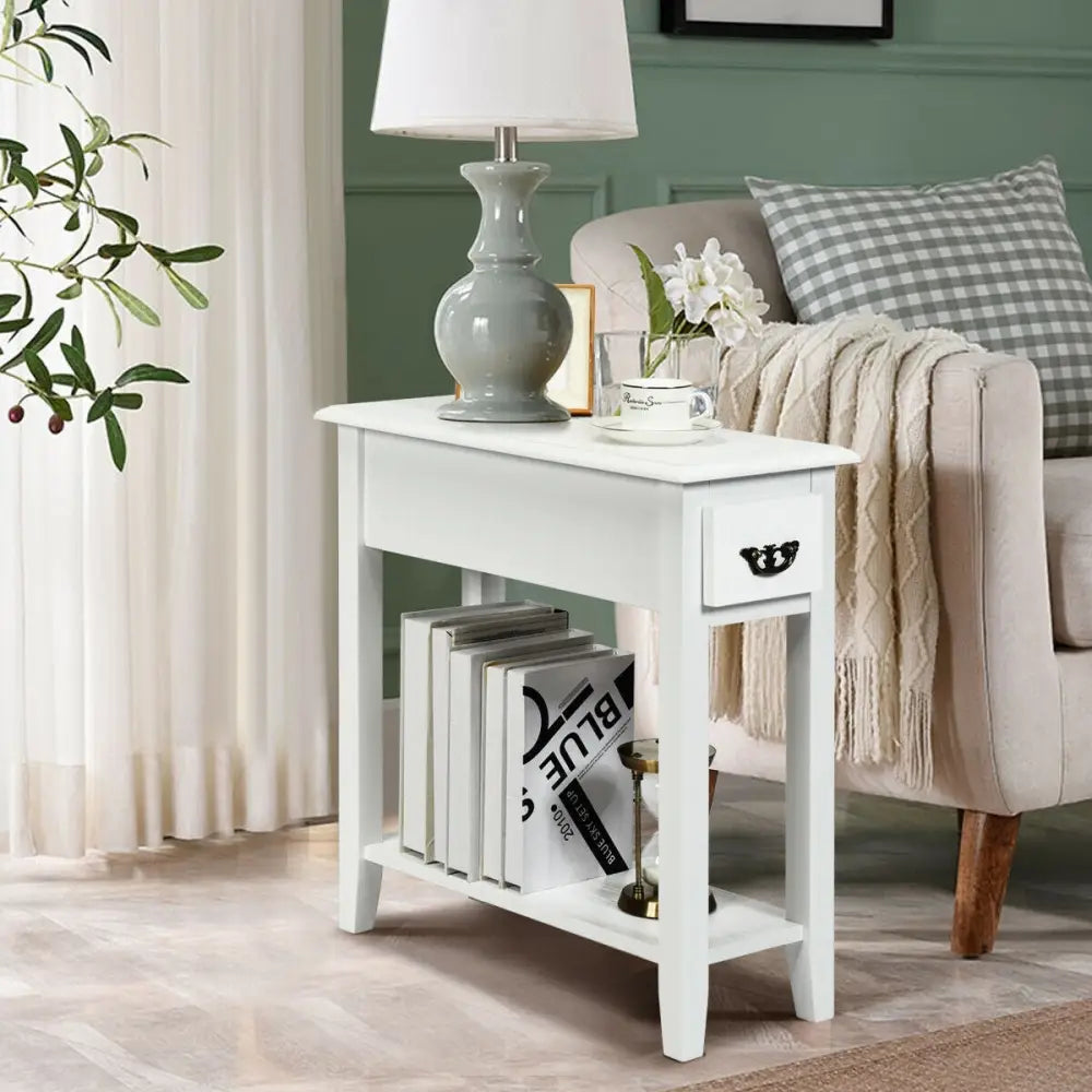 2 Tier End Bedside Sofa Side Table Narrow Nightstand-White - White - End & Side Tables
