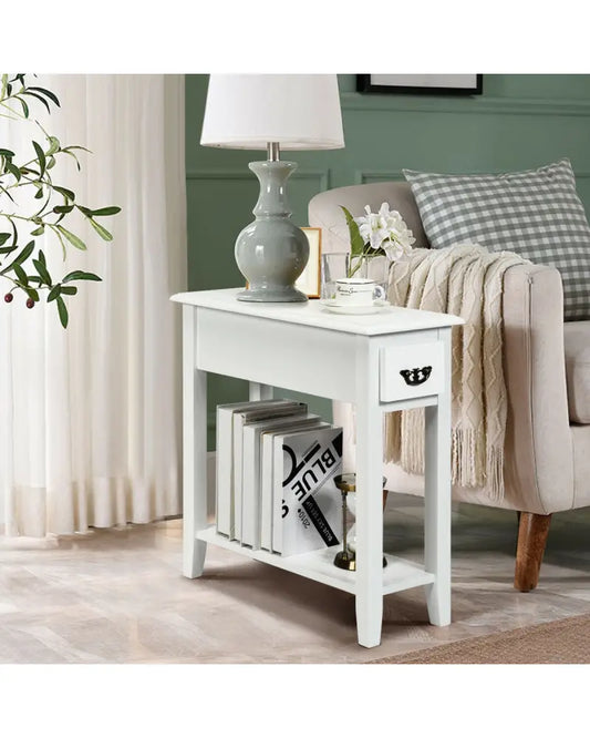2 Tier End Bedside Sofa Side Table Narrow Nightstand-White - White - End & Side Tables