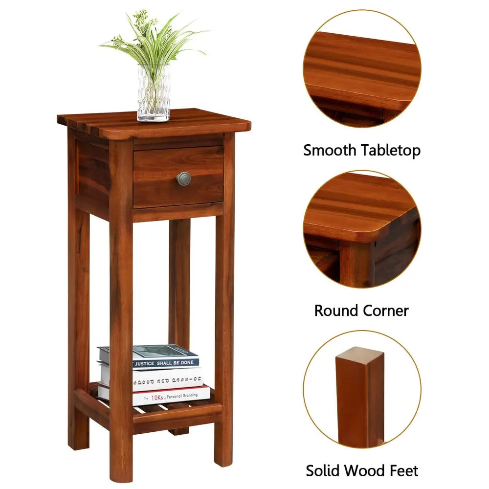 2 Tier End Bedside Table with Drawer Shelf-Brown Costway