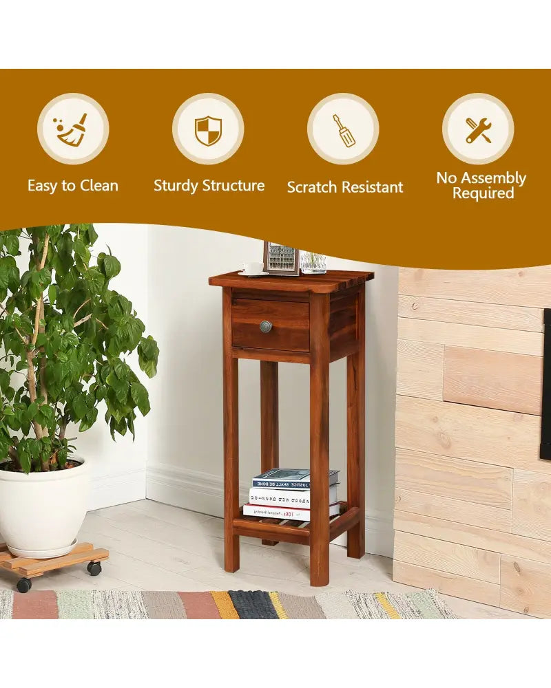 2 Tier End Bedside Table with Drawer Shelf-Brown - Brown - Nightstands