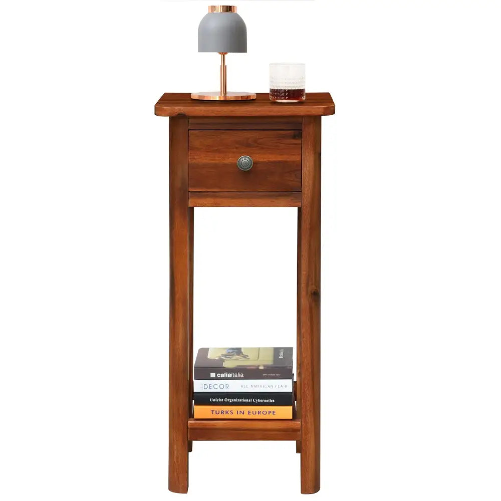 2 Tier End Bedside Table with Drawer Shelf-Brown Costway