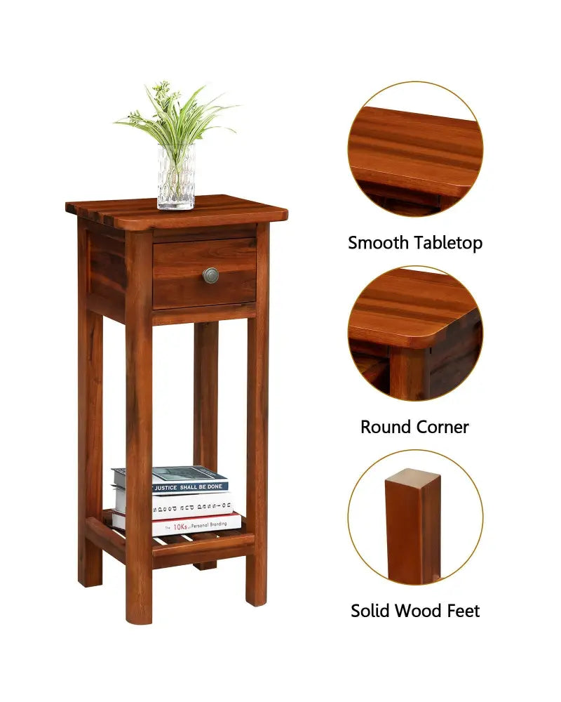 2 Tier End Bedside Table with Drawer Shelf-Brown - Brown - Nightstands