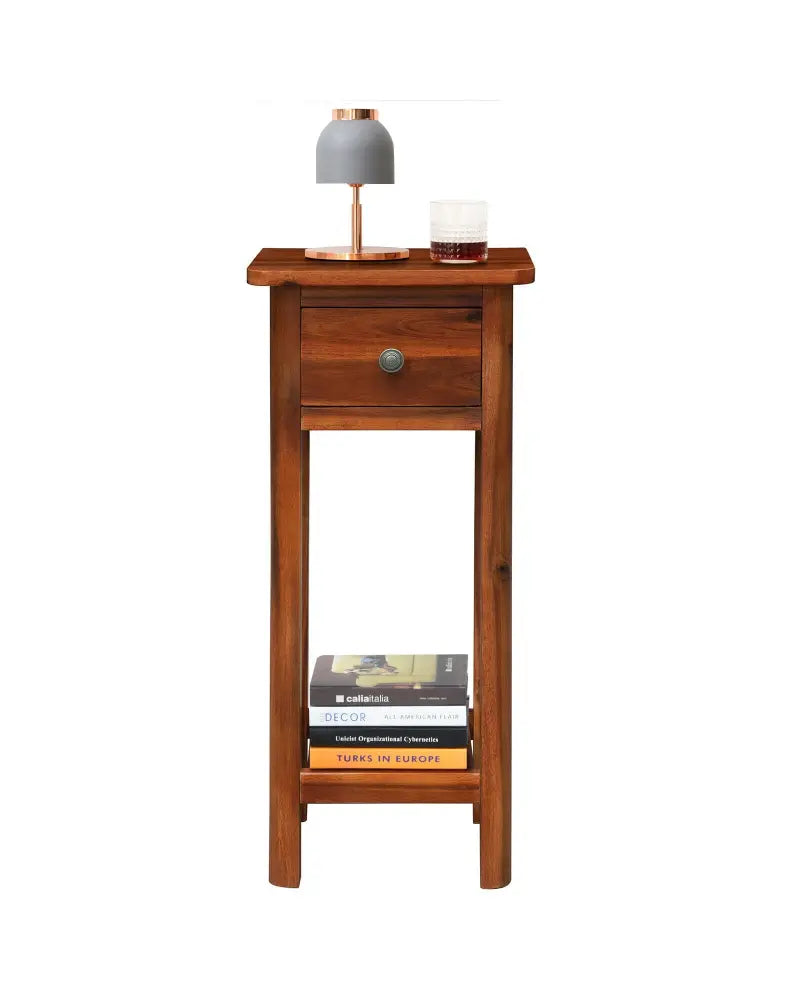 2 Tier End Bedside Table with Drawer Shelf-Brown - Brown - Nightstands