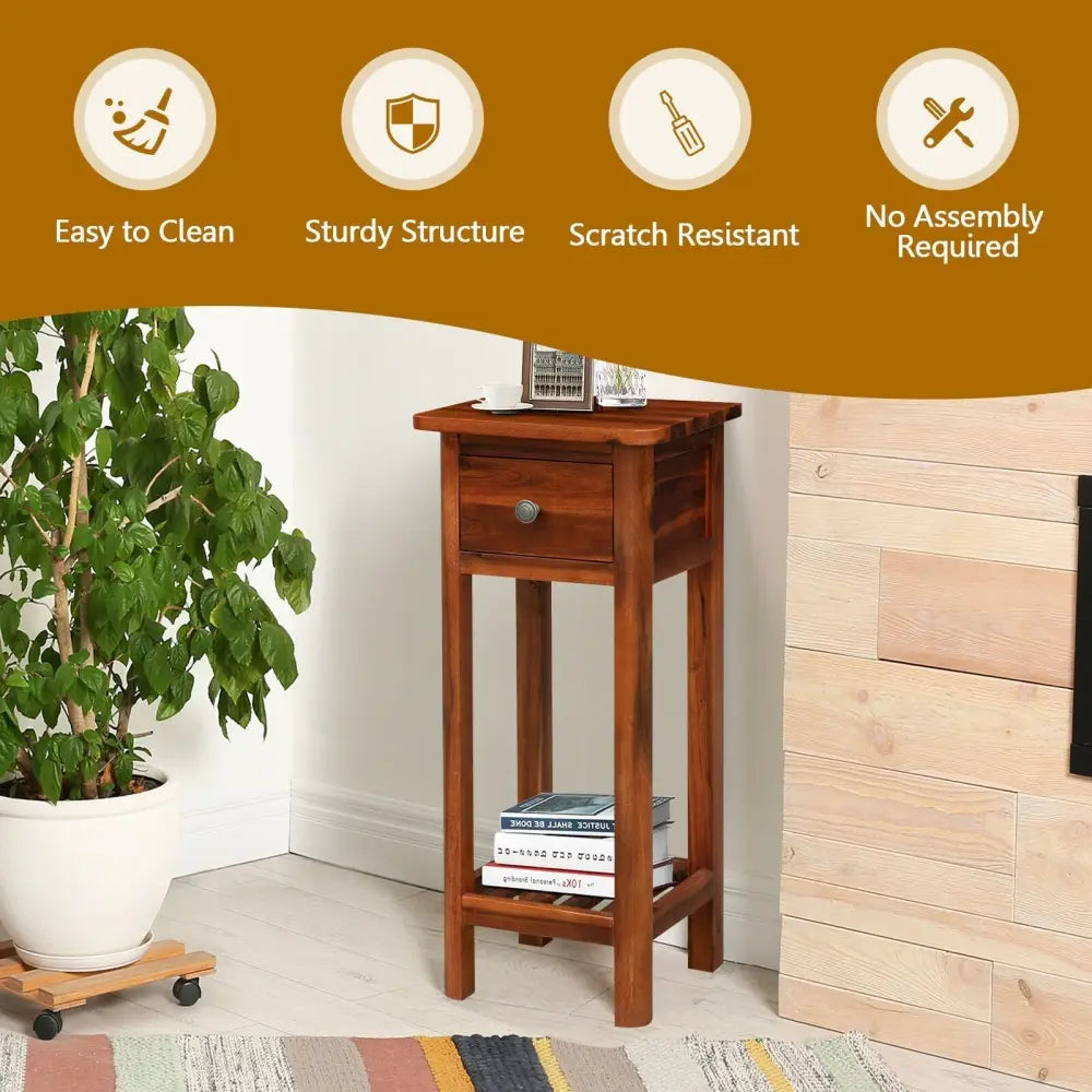 2 Tier End Bedside Table with Drawer Shelf-Brown Costway