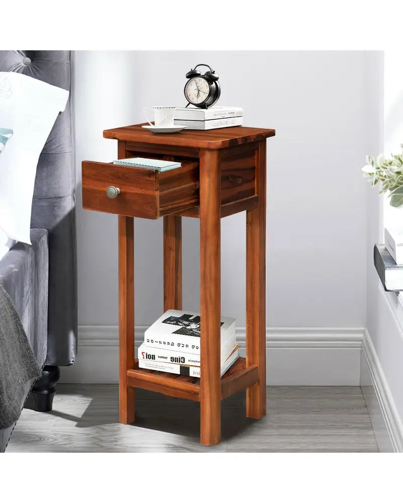 2 Tier End Bedside Table with Drawer Shelf-Brown - Brown - Nightstands