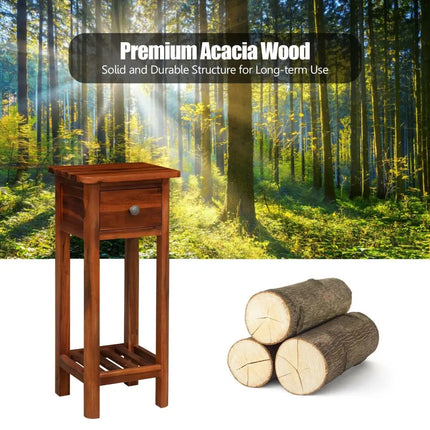 2 Tier End Bedside Table with Drawer Shelf-Brown Costway