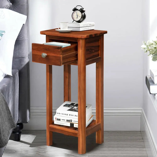 2 Tier End Bedside Table with Drawer Shelf-Brown Costway