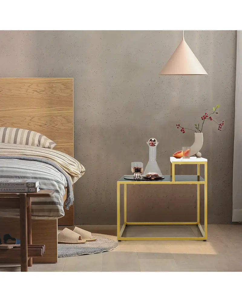 2 Tier End Side Table with Metal Frame and Storage Shelf for Living Room-White - White - End & Side Tables
