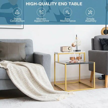 2 Tier End Side Table with  Metal Frame and Storage Shelf for Living Room-White Costway
