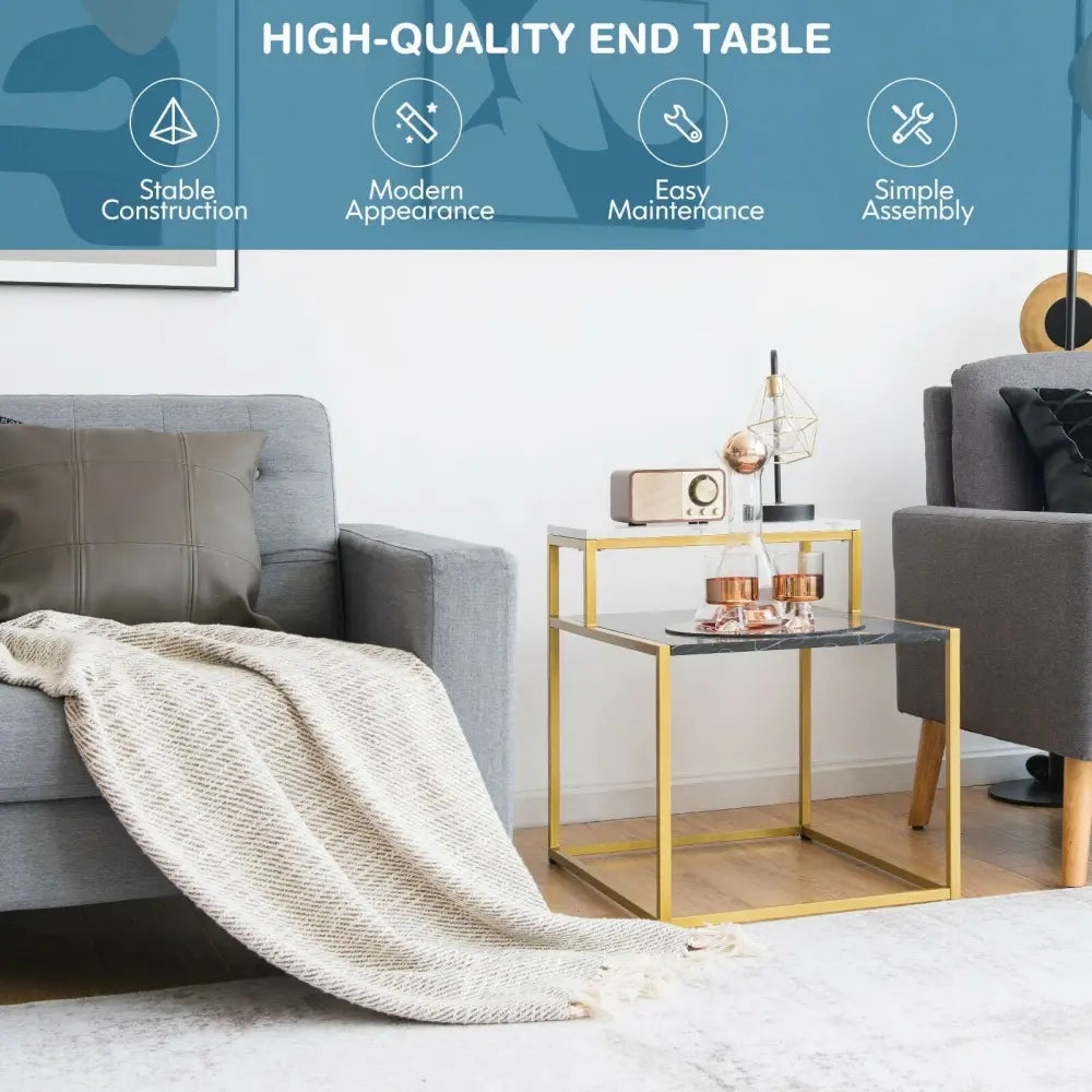 2 Tier End Side Table with  Metal Frame and Storage Shelf for Living Room-White Costway