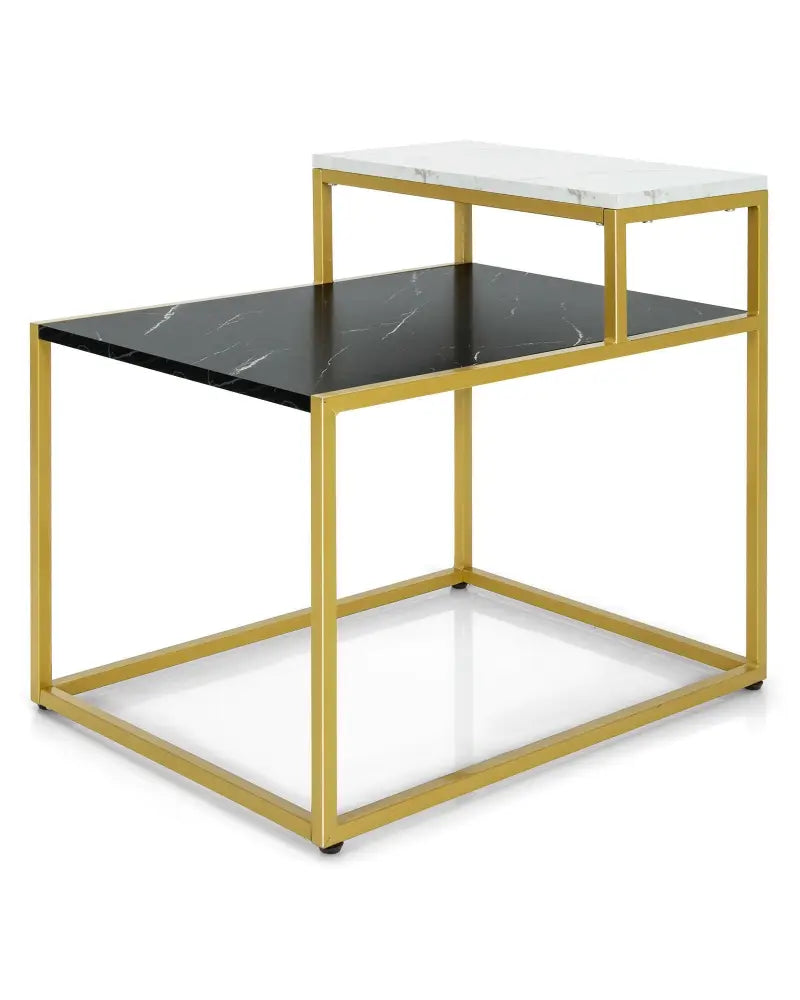 2 Tier End Side Table with Metal Frame and Storage Shelf for Living Room-White - White - End & Side Tables