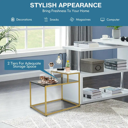 2 Tier End Side Table with  Metal Frame and Storage Shelf for Living Room-White Costway