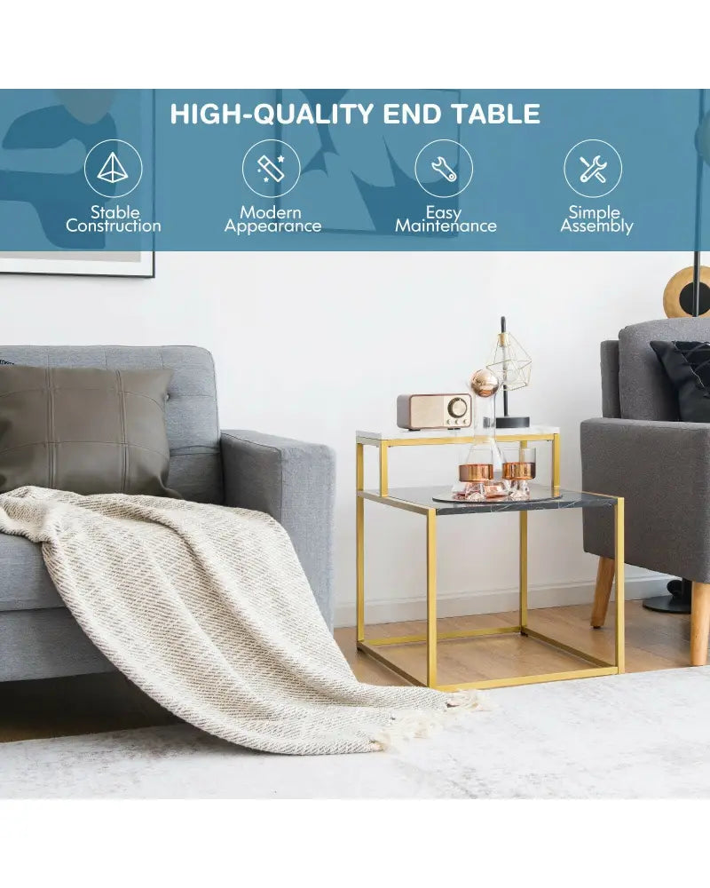 2 Tier End Side Table with Metal Frame and Storage Shelf for Living Room-White - White - End & Side Tables