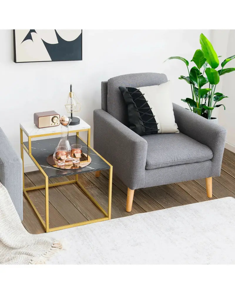 2 Tier End Side Table with Metal Frame and Storage Shelf for Living Room-White - White - End & Side Tables