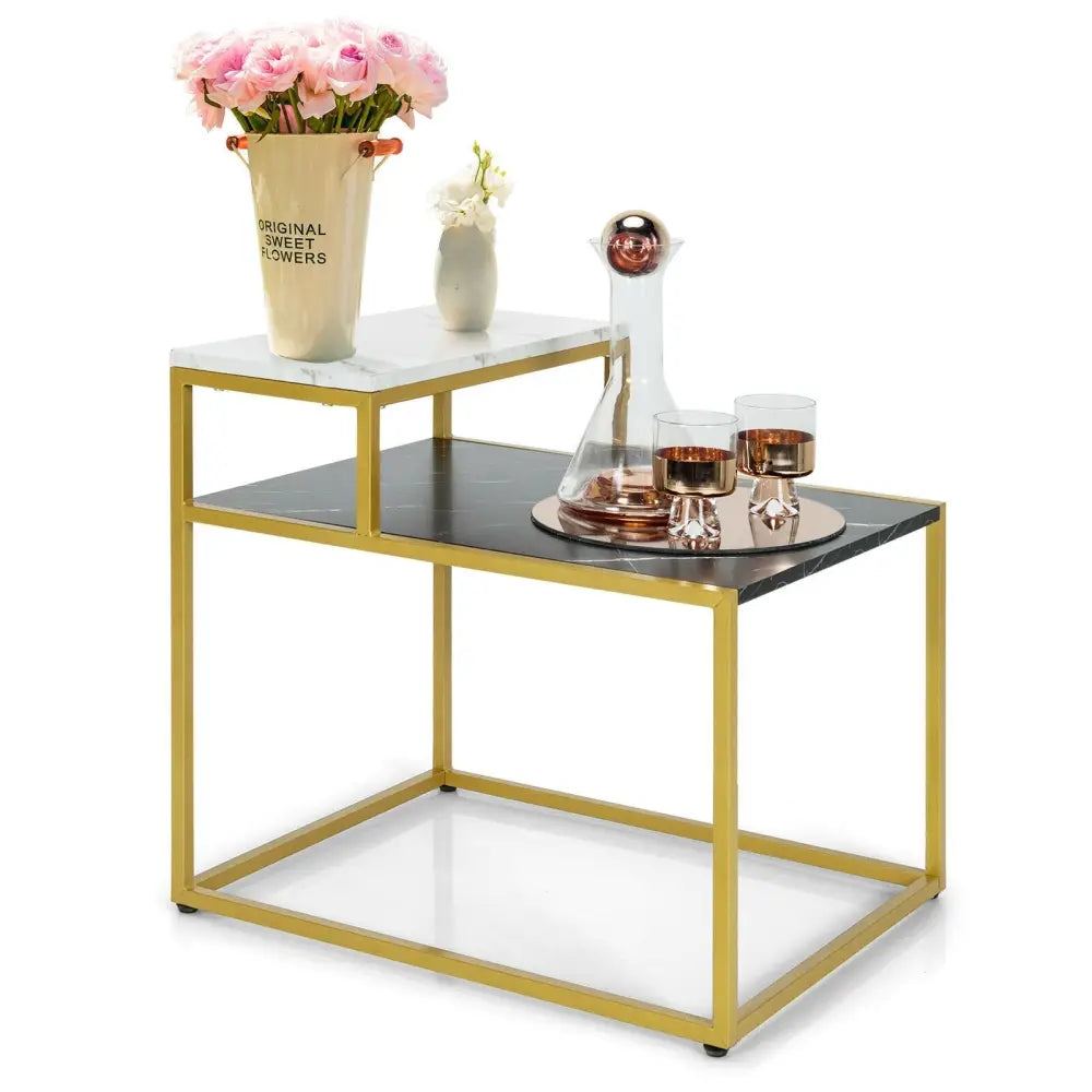 2 Tier End Side Table with  Metal Frame and Storage Shelf for Living Room-White Costway