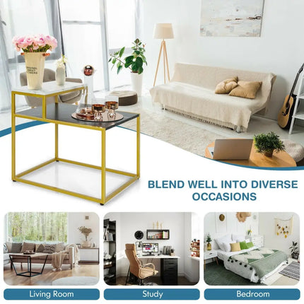 2 Tier End Side Table with  Metal Frame and Storage Shelf for Living Room-White Costway