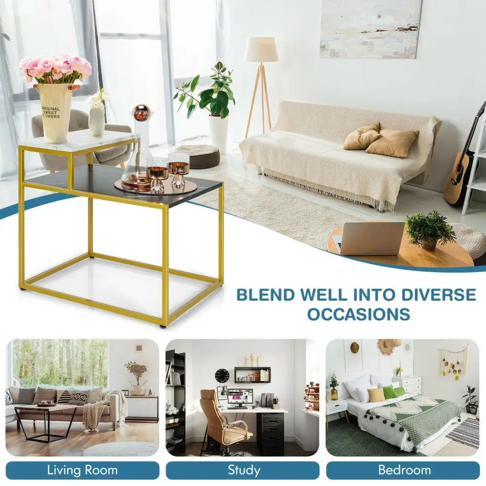 2 Tier End Side Table with  Metal Frame and Storage Shelf for Living Room-White Costway