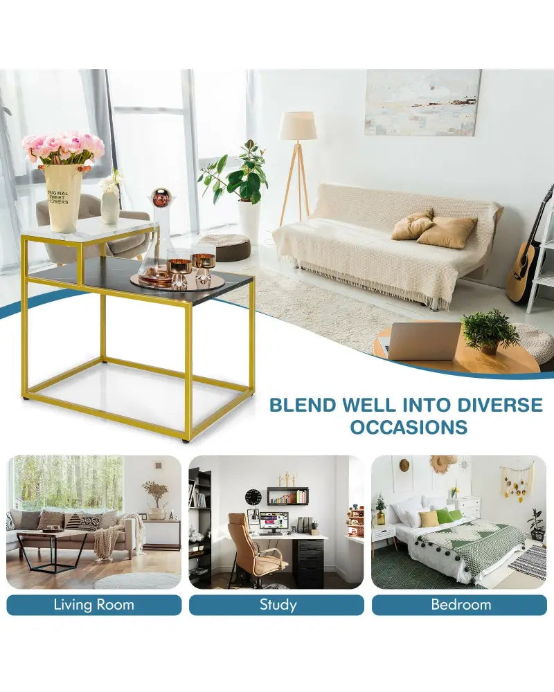 2 Tier End Side Table with Metal Frame and Storage Shelf for Living Room-White - White - End & Side Tables