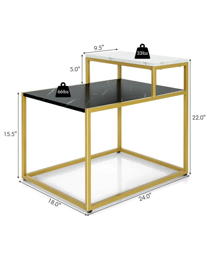 2 Tier End Side Table with Metal Frame and Storage Shelf for Living Room-White - White - End & Side Tables