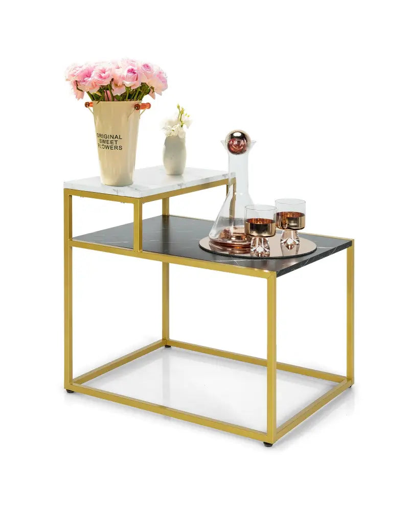 2 Tier End Side Table with Metal Frame and Storage Shelf for Living Room-White - White - End & Side Tables