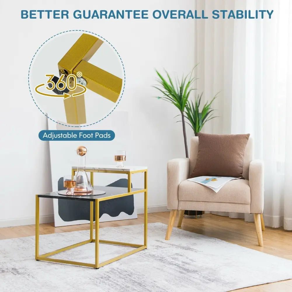 2 Tier End Side Table with  Metal Frame and Storage Shelf for Living Room-White Costway