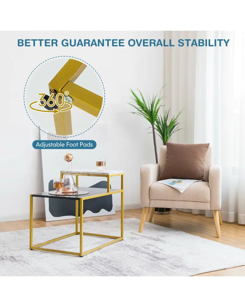 2 Tier End Side Table with Metal Frame and Storage Shelf for Living Room-White - White - End & Side Tables