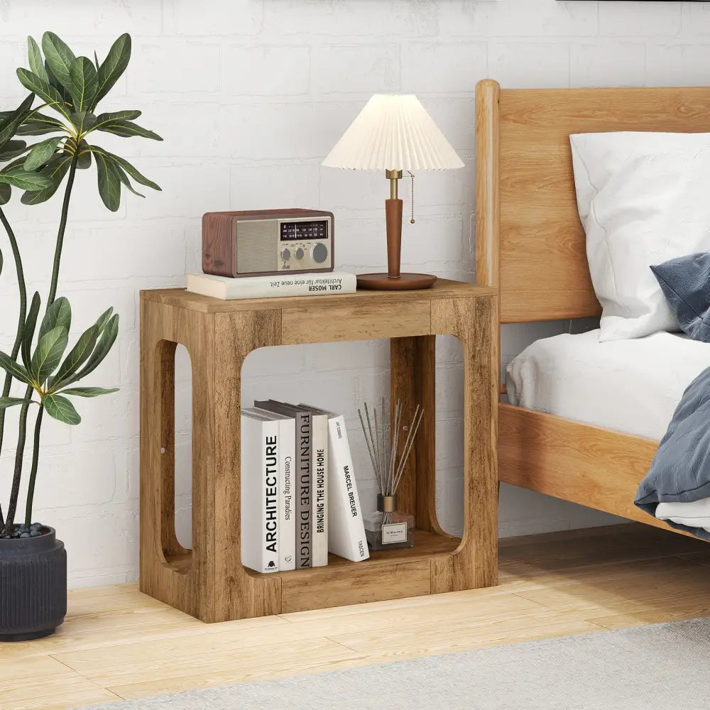 2-Tier End Table with Storage Shelf for Living Room-Oak - Oak - End & Side Tables