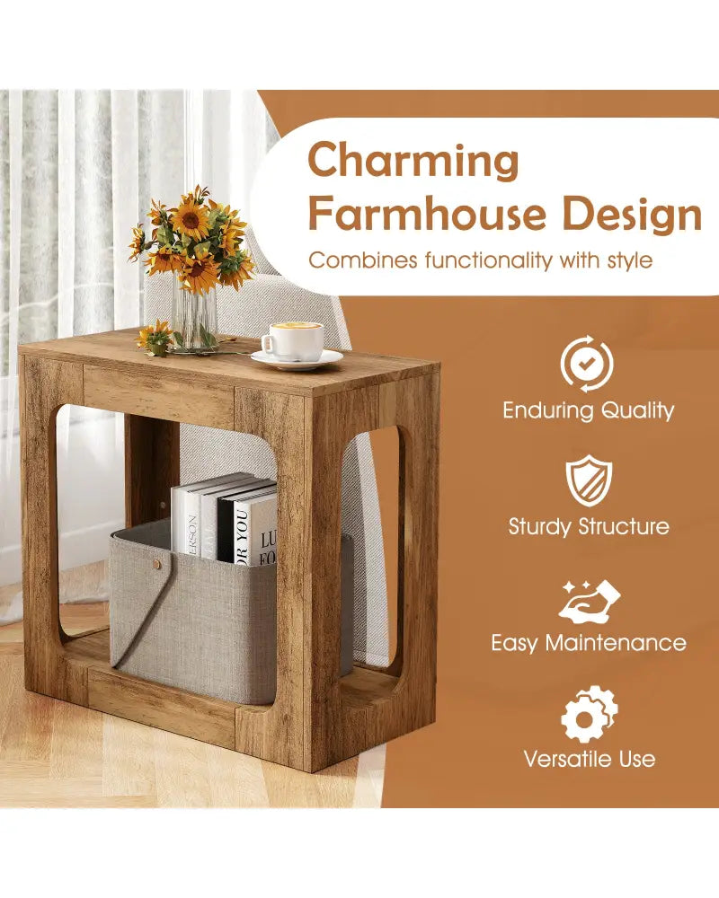 2-Tier End Table with Storage Shelf for Living Room-Oak - Oak - End & Side Tables