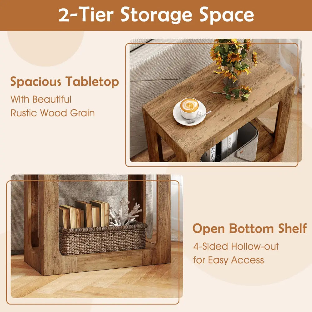 2-Tier End Table with Storage Shelf for Living Room-Oak - Oak - End & Side Tables