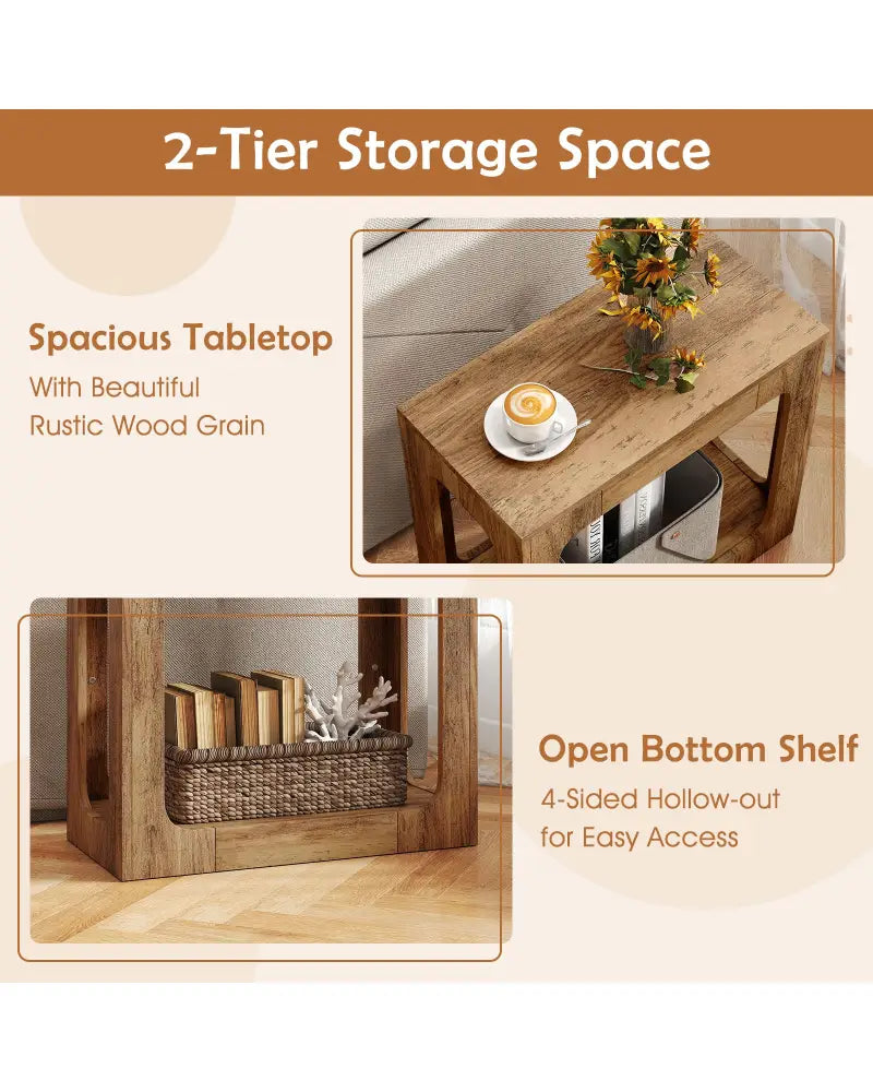 2-Tier End Table with Storage Shelf for Living Room-Oak - Oak - End & Side Tables
