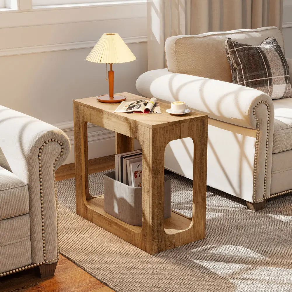 2-Tier End Table with Storage Shelf for Living Room-Oak - Oak - End & Side Tables