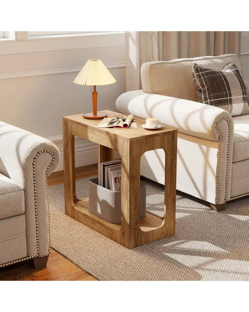 2-Tier End Table with Storage Shelf for Living Room-Oak - Oak - End & Side Tables
