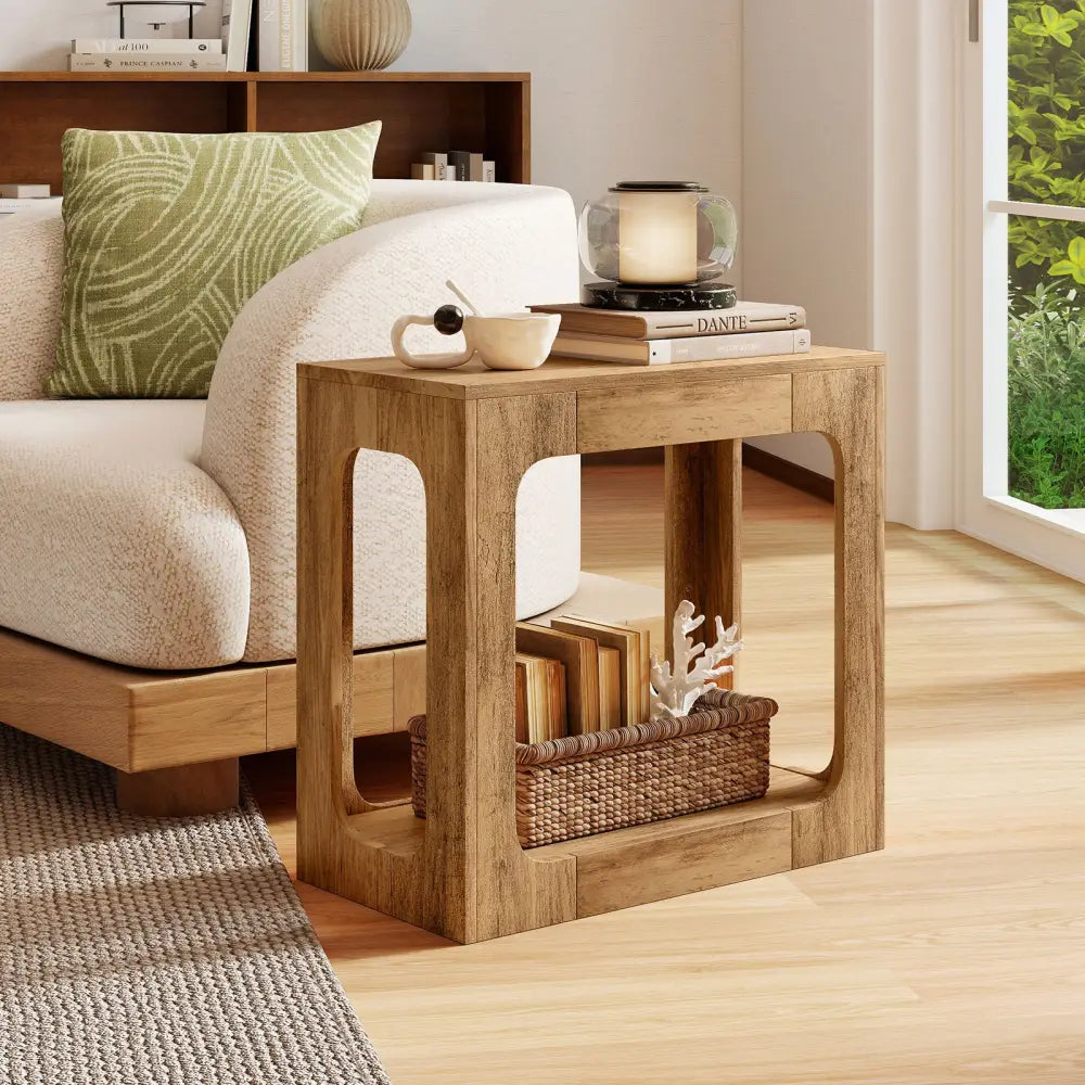 2-Tier End Table with Storage Shelf for Living Room-Oak - Oak - End & Side Tables
