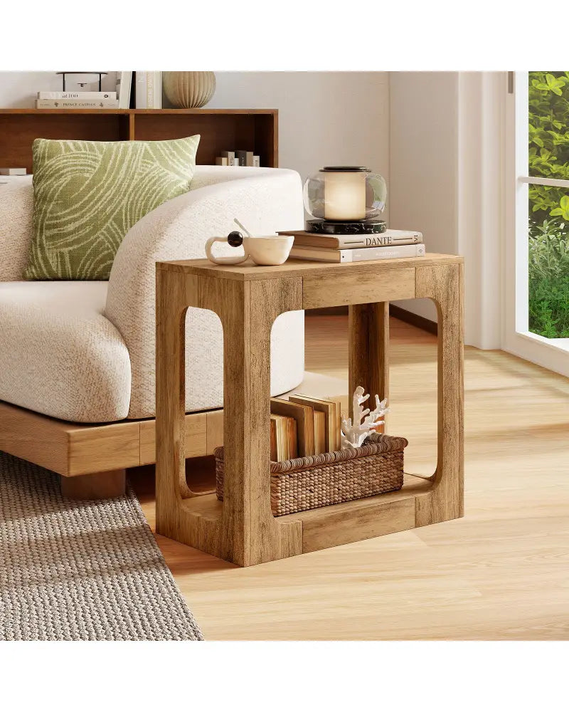 2-Tier End Table with Storage Shelf for Living Room-Oak - Oak - End & Side Tables