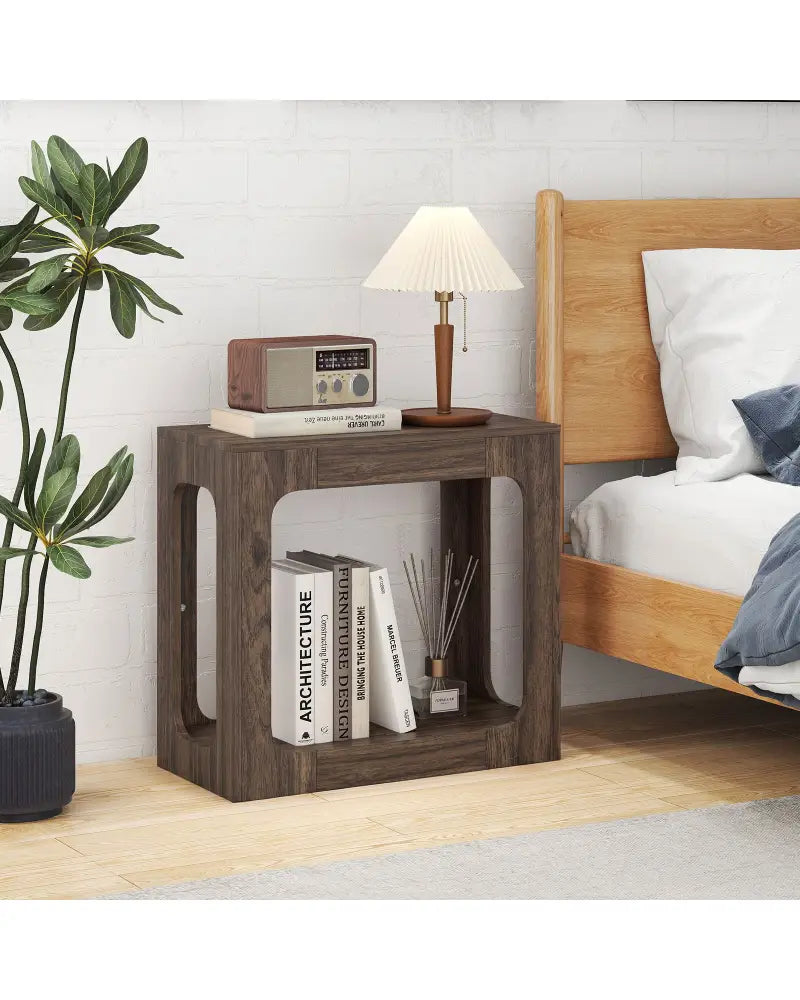 2-Tier End Table with Storage Shelf for Living Room-Walnut - Walnut - End & Side Tables