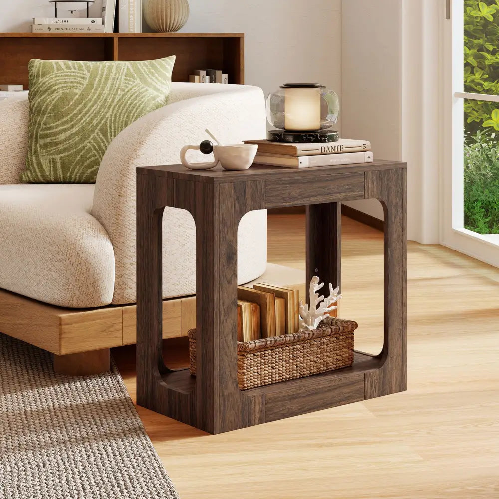 2-Tier End Table with Storage Shelf for Living Room-Walnut - Walnut - End & Side Tables
