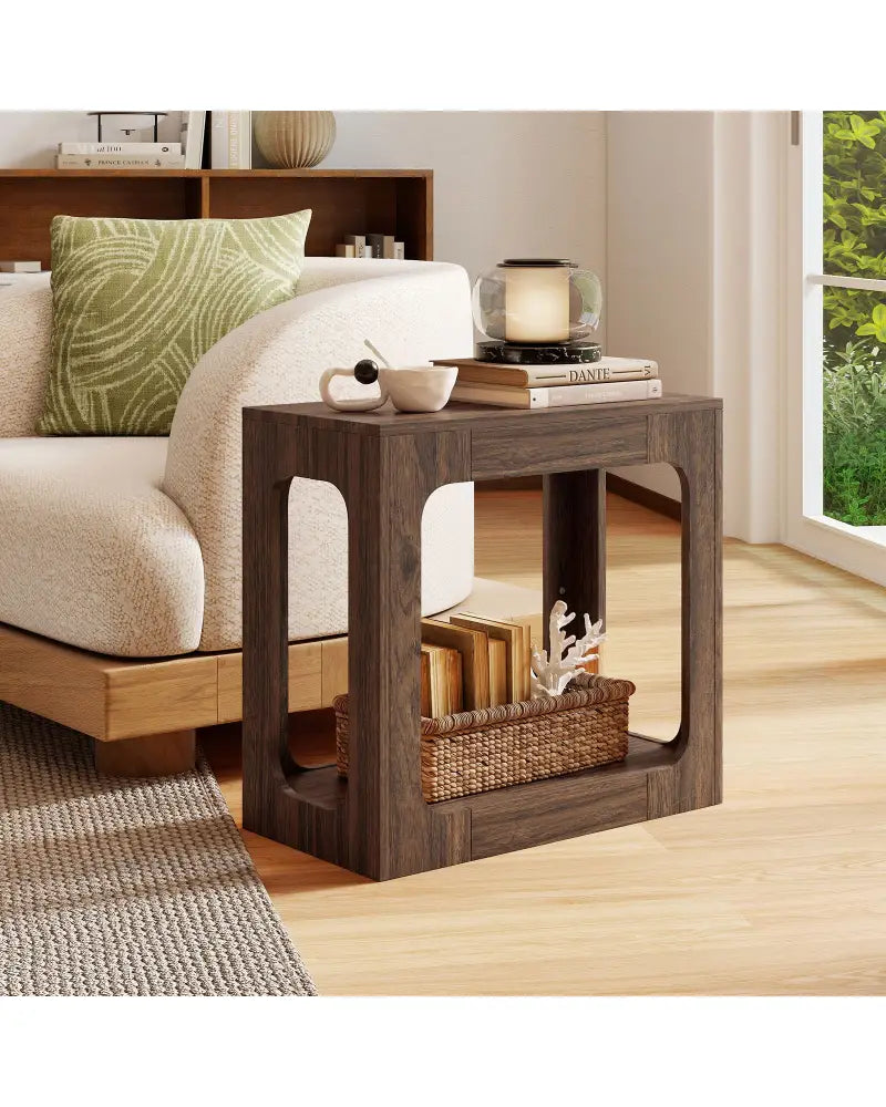 2-Tier End Table with Storage Shelf for Living Room-Walnut - Walnut - End & Side Tables