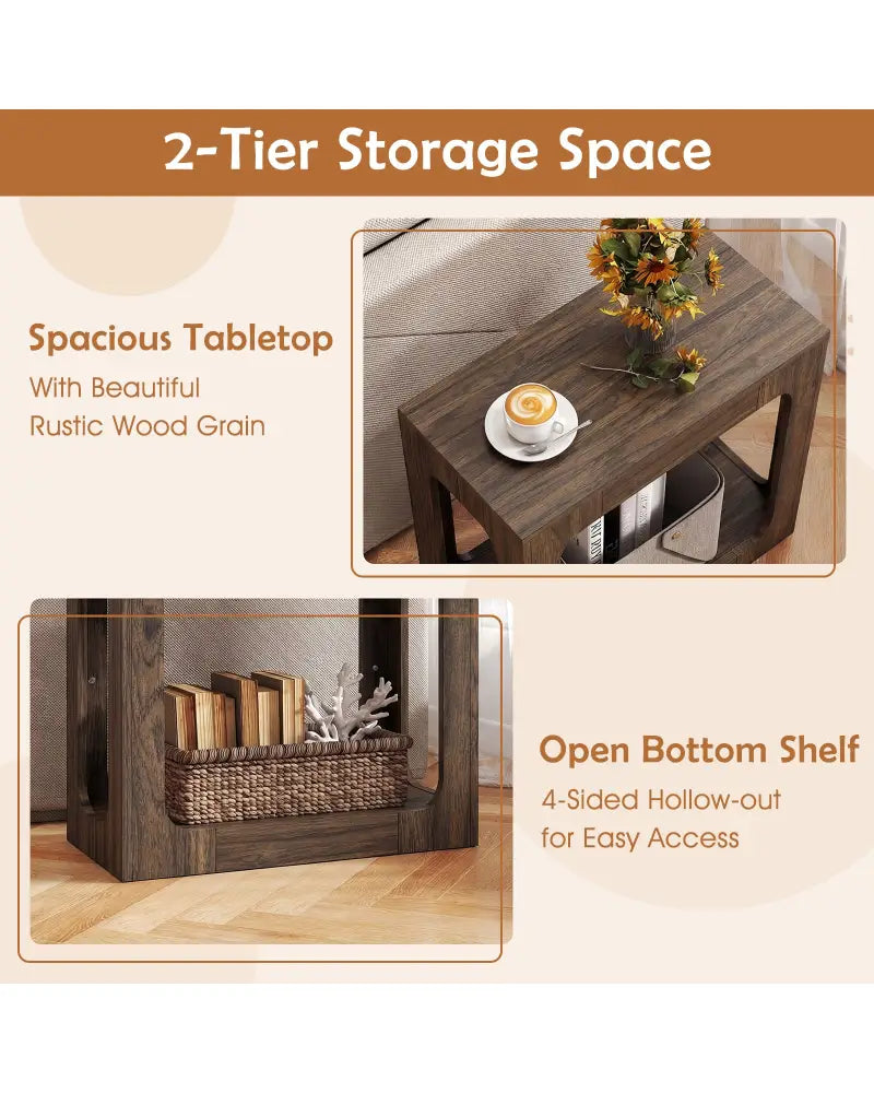 2-Tier End Table with Storage Shelf for Living Room-Walnut - Walnut - End & Side Tables
