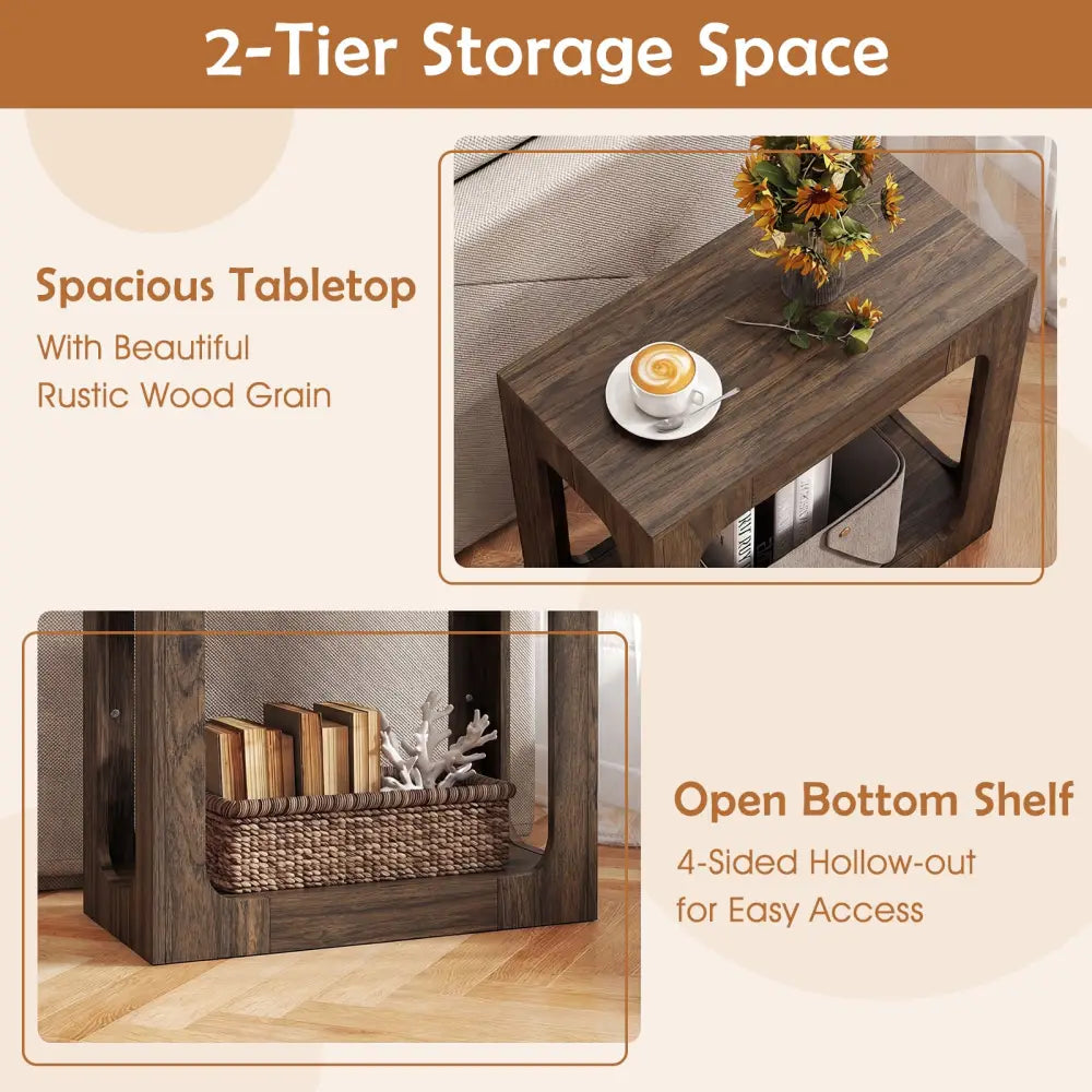 2-Tier End Table with Storage Shelf for Living Room-Walnut - Walnut - End & Side Tables